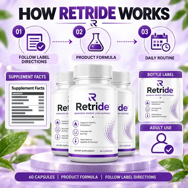 How Retride works brand graphic: follow label directions, product formula, daily routine, Supplement Facts, bottle label, adult use