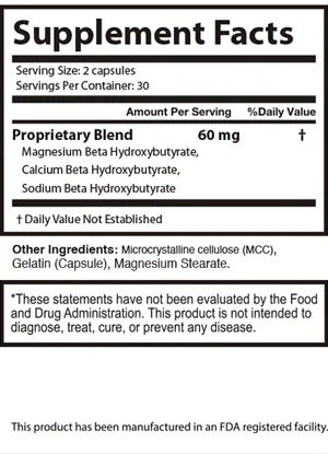 Retride Supplement Facts: serving size 2 capsules, 30 servings, proprietary blend 60 mg of magnesium, calcium and sodium beta hydroxybutyrate