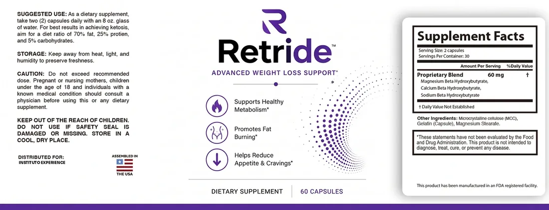 Full Retride label: suggested use, storage, caution, claims and Supplement Facts